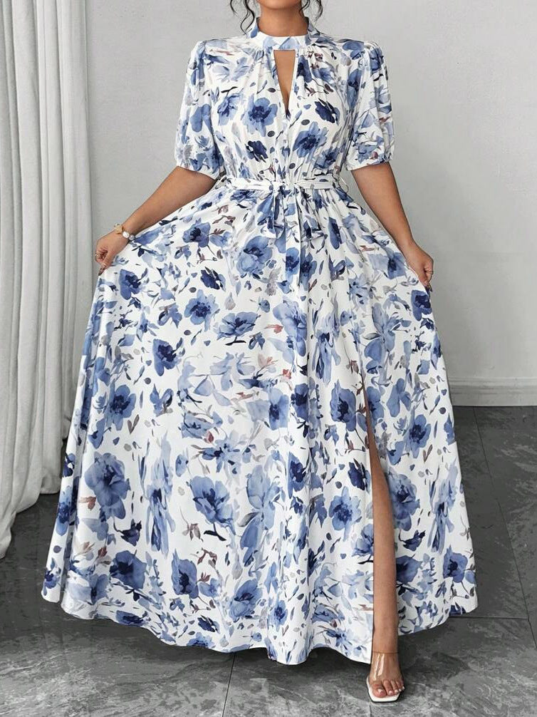 Women's Plus Size Blue Printed Tie Waist Mid-Length Dress