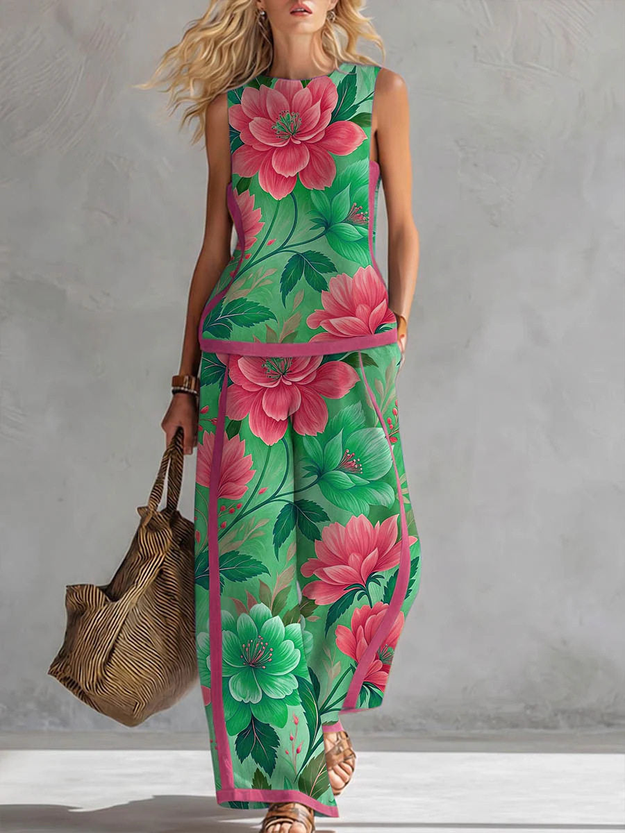 Women's Floral Print Wide-Leg Pants Two-Piece Set
