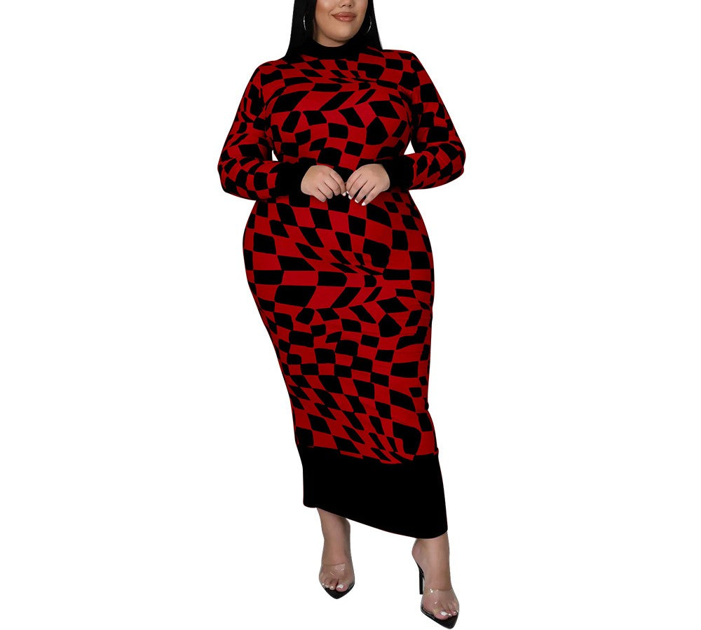 Elegant Plaid Print Long Sleeve Dress – Round Neck, Classic Fit for Effortless Chic