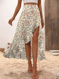 Women's Romantic Floral Print Ruffle Skirt with Irregular Hem and Side Slit Elegant Casual Midi Skirt