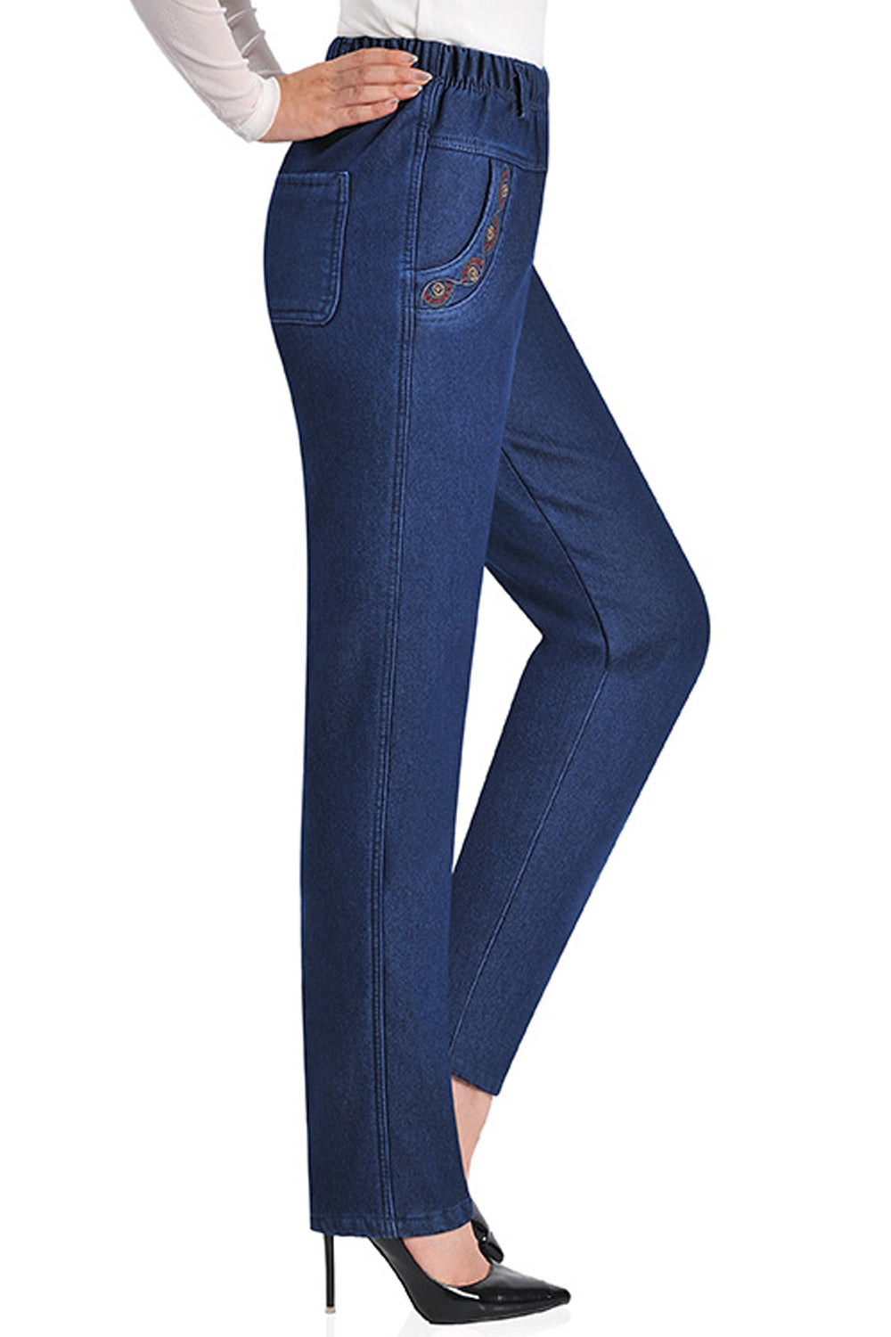Women Awesome Elastic Waist Side Pockets Pretty Solid Colored Alluring Jeans