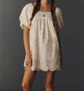 Women's Summer Lace-Trimmed Printed Puff Sleeve Dress with Low Neckline