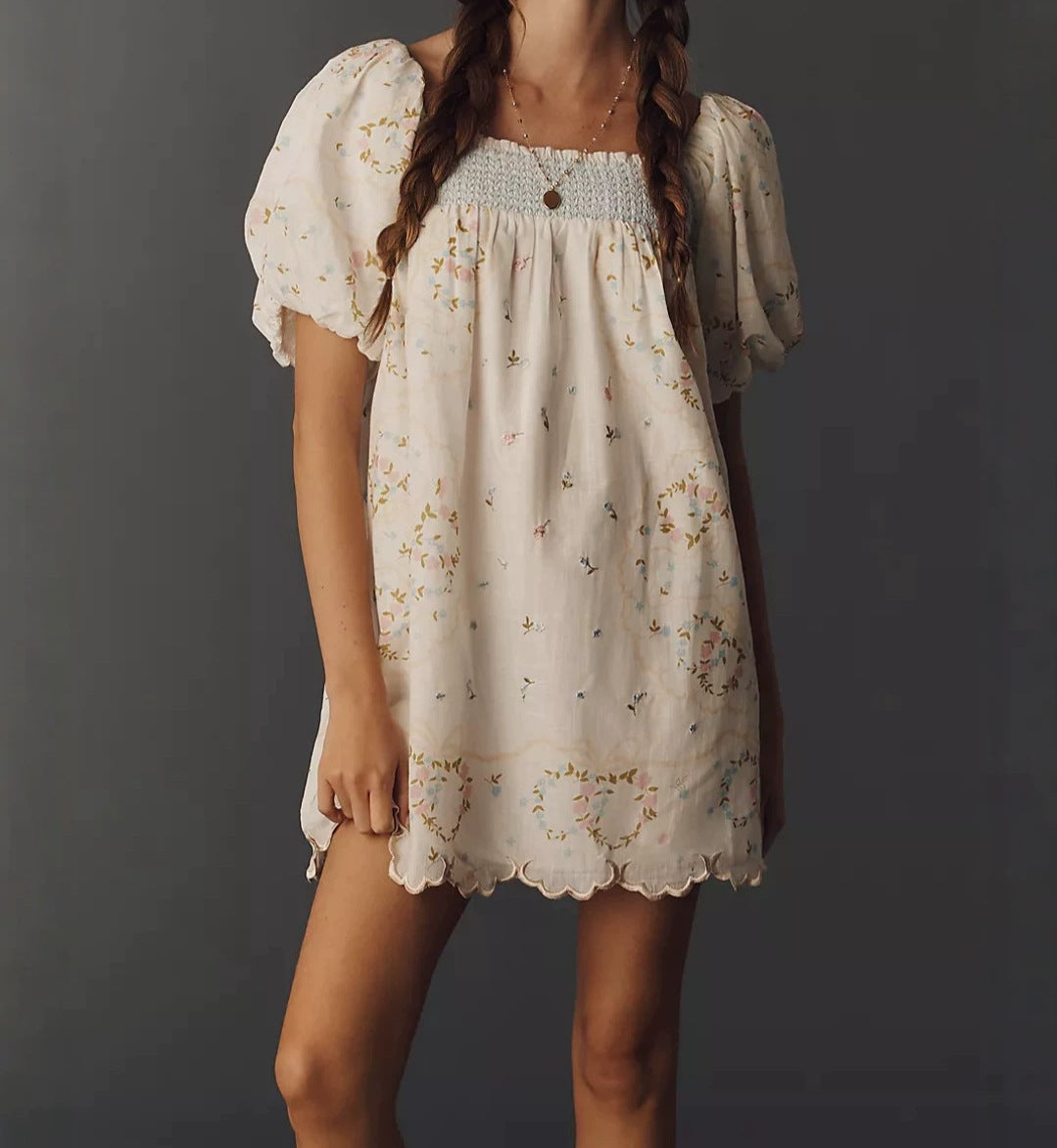 Women's Summer Lace-Trimmed Printed Puff Sleeve Dress with Low Neckline