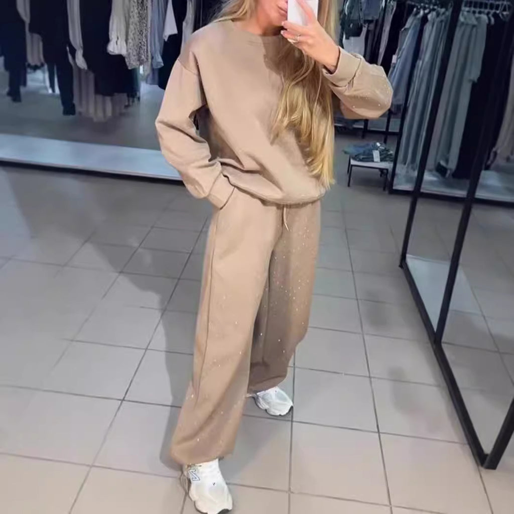 Women's Casual Round Neck Long-Sleeved Diamond Pattern Drawstring Two-Piece Lounge Set