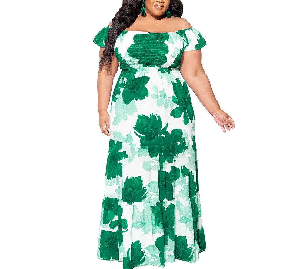 Plus Size One-Shoulder Irregular Off-Shoulder Digital Print Long Dress – Elegant Bodycon Maxi Dress for Women