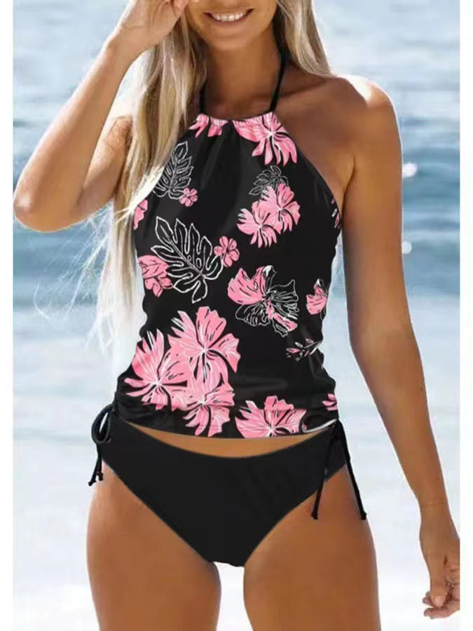 New Digital Print Lace-Up Neck Bikini High-Collar Split Swimsuit