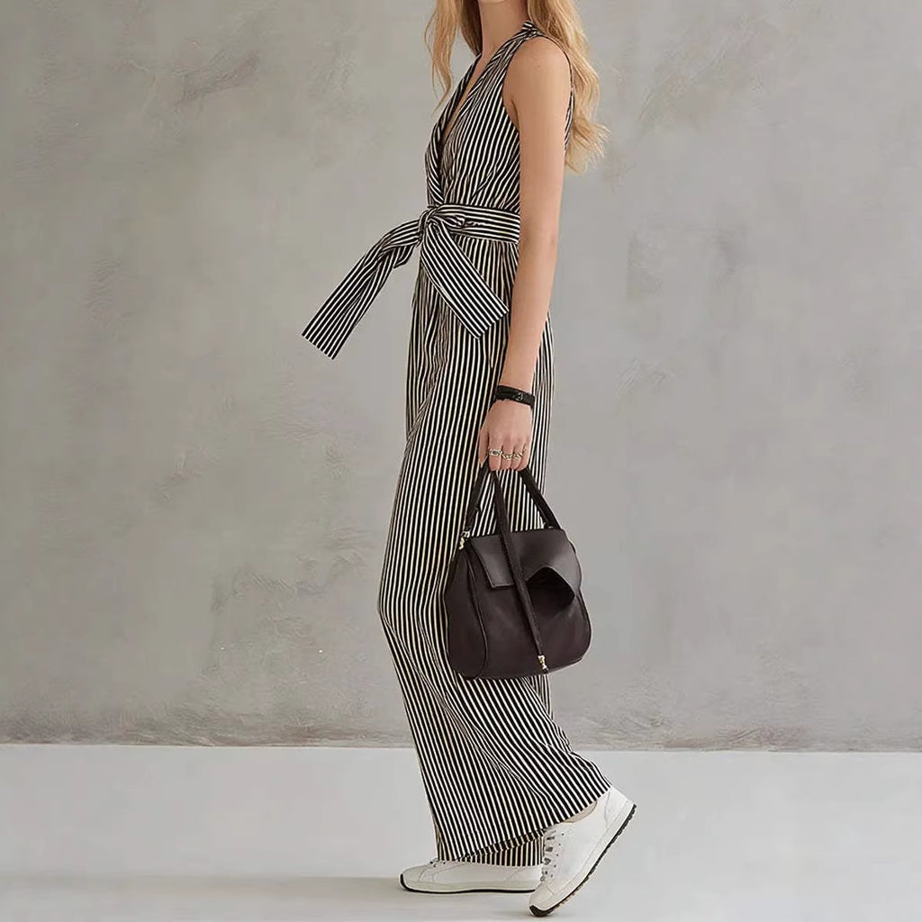 Women's Sleeveless Shirt and High-Waisted Wide-Leg Printed Stripe Pants Two-Piece Outfit Set