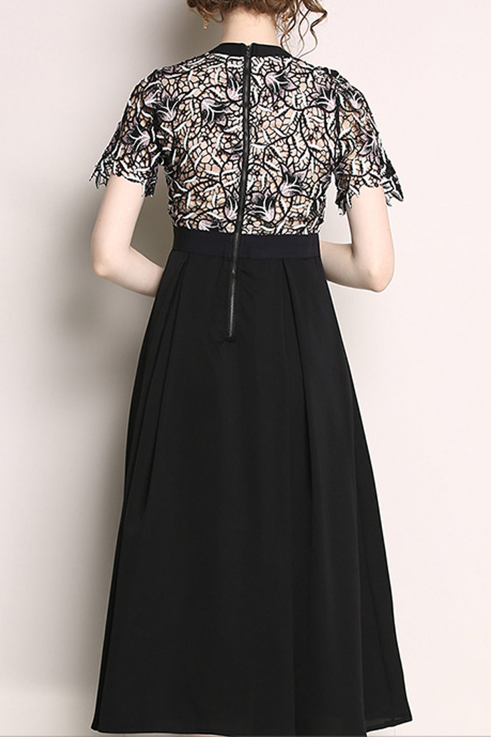 Women Short Sleeve Mid Length Solid Color Skirt Round Neck Convenient Lace Embroidery Dress