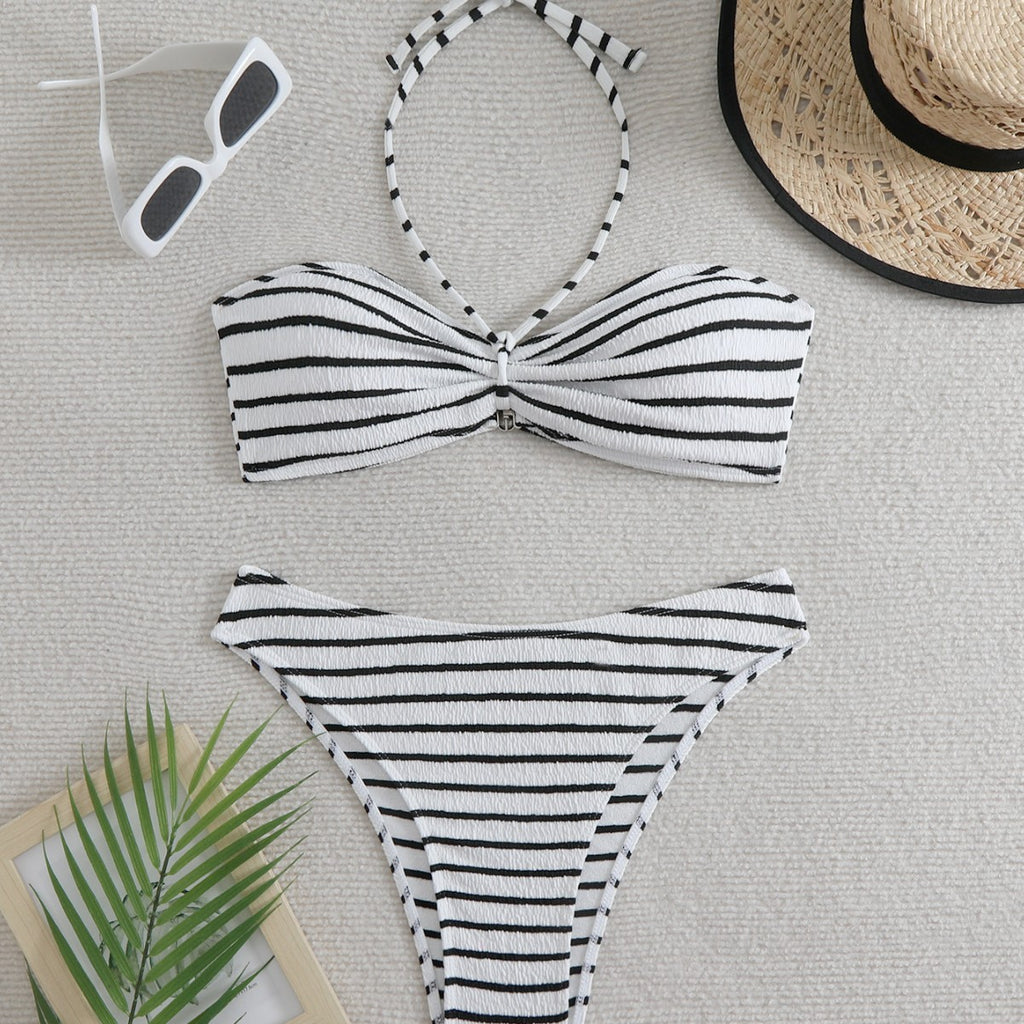 Black & White Striped Lace-Up Neck High-Waist Split Swimsuit