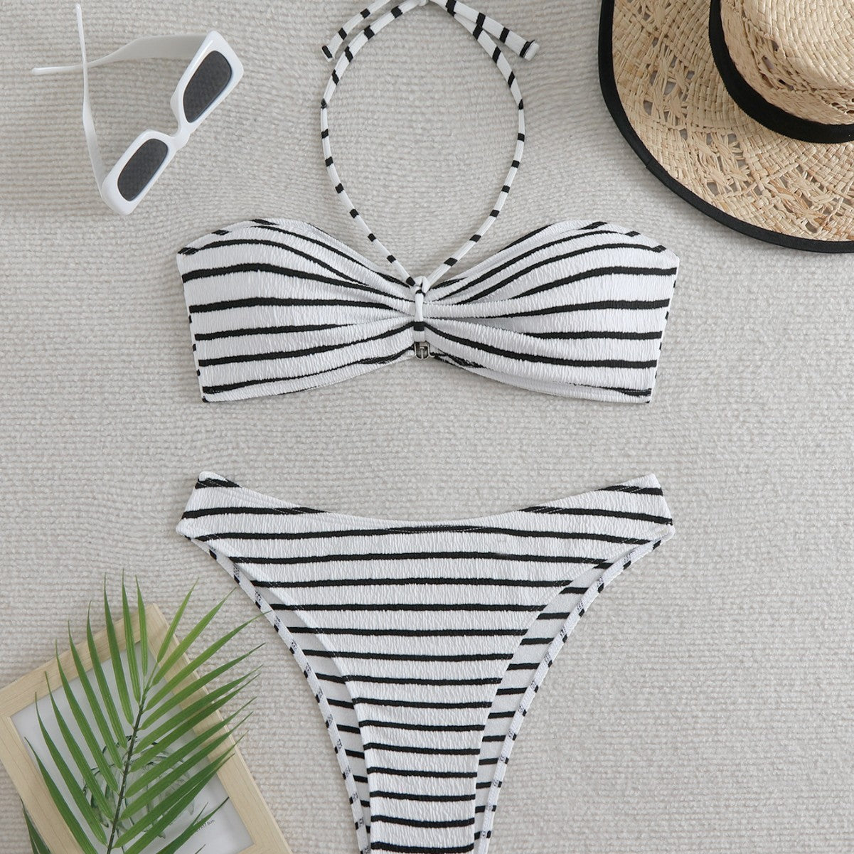 Black & White Striped Lace-Up Neck High-Waist Split Swimsuit