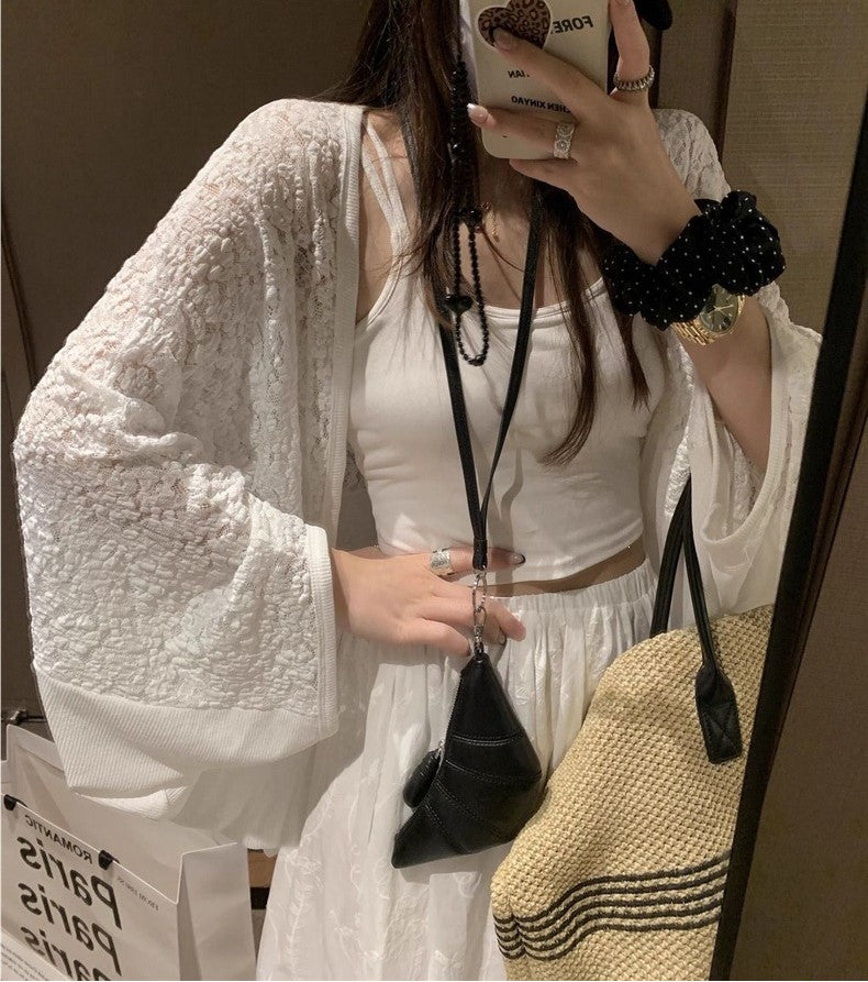Women's Lace Patchwork Sun Protection Cardigan – Lightweight Summer Open Front Mid-Length Shawl Cover-Up