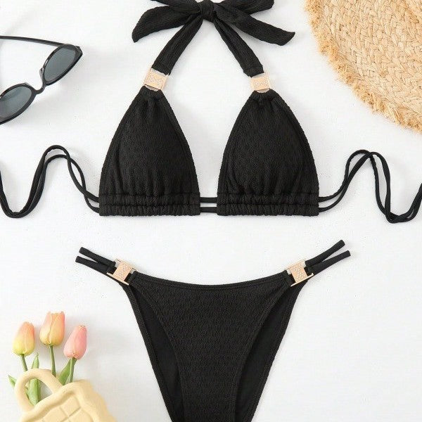 Solid Color Pleated Lace-Up Neck Triangle Bikini Set