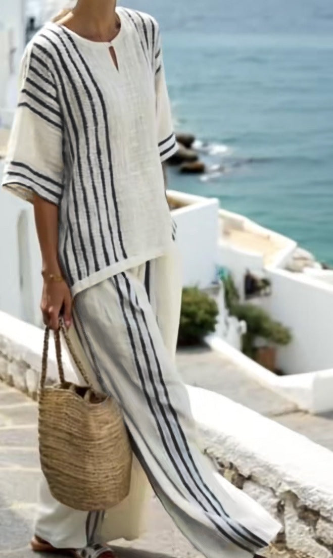 Women's Round Neck Striped Short-Sleeved Top with Casual Pants Two-Piece Outfit Set