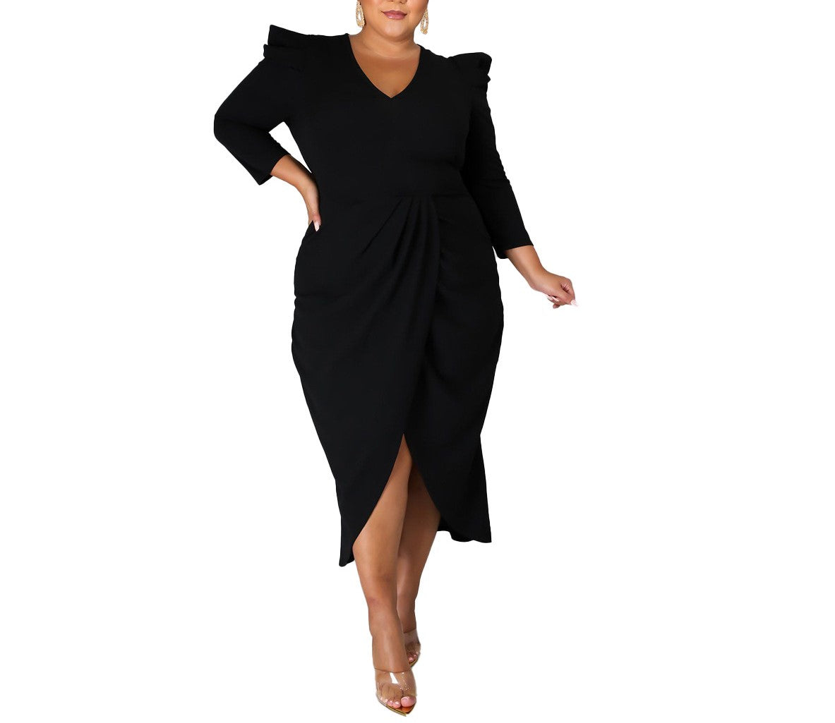 Plus Size V-Neck Solid Color Long Sleeve Dress for Women – Irregular Hem with Slit, Elegant Casual Fit