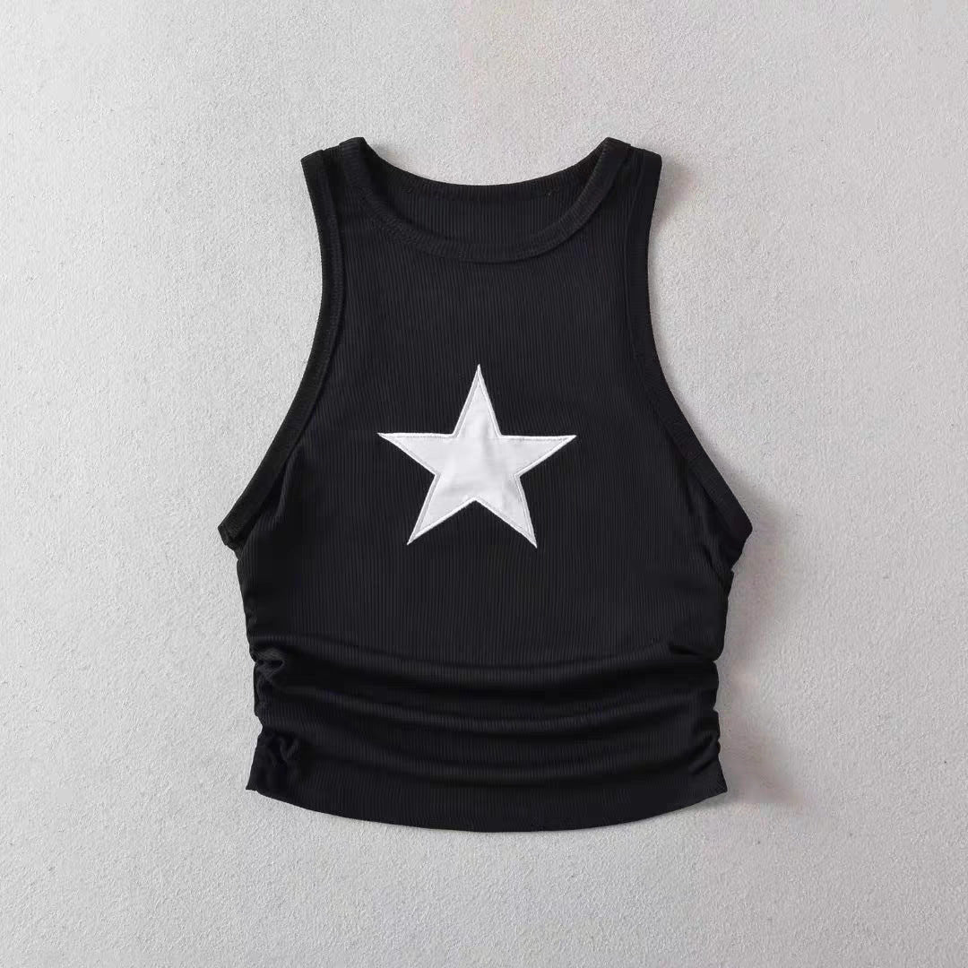 Girls’ Summer Vest – Baby Star Print Pleated Short Top Street Dance Style - RAC26JP5494BATT
