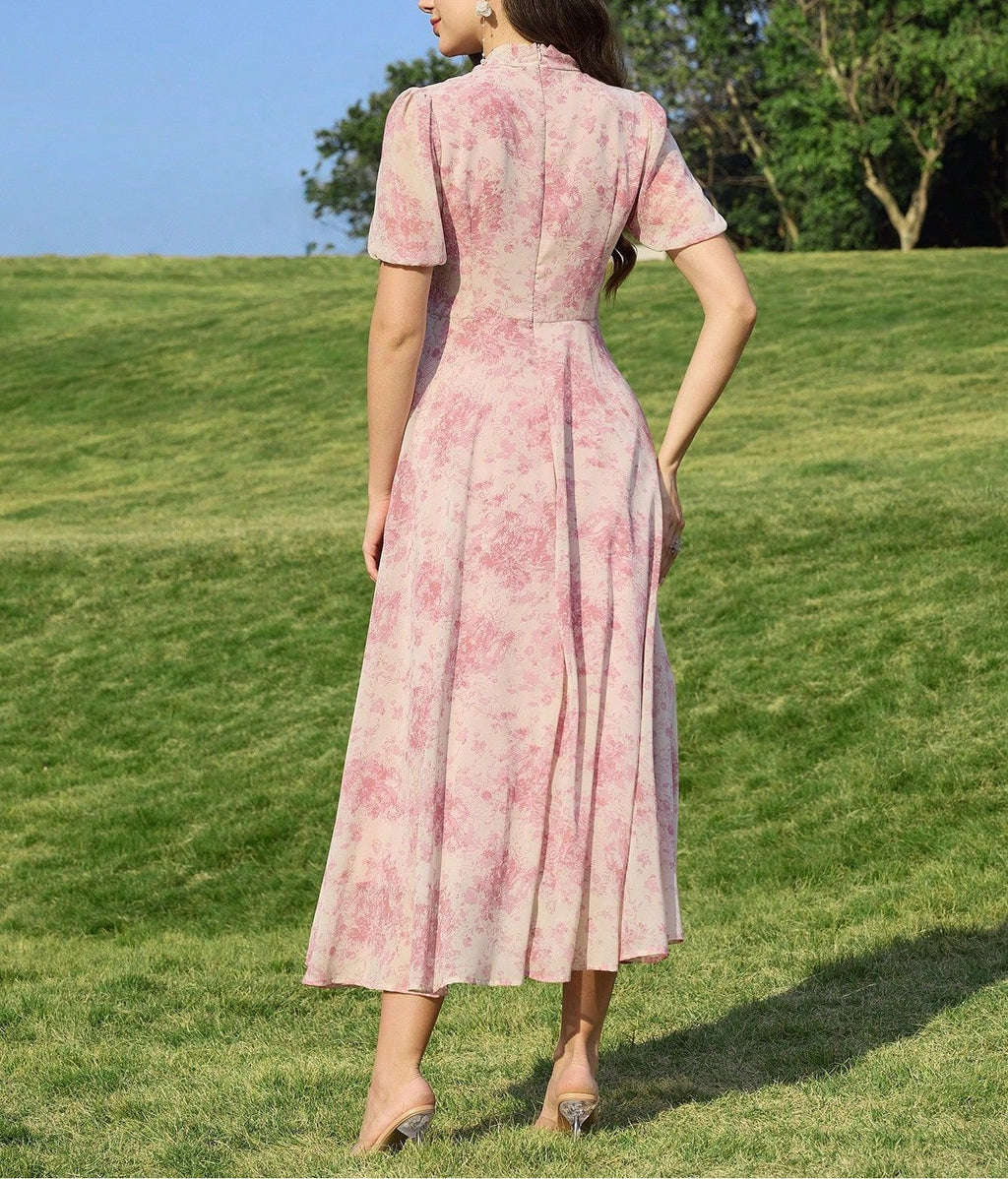Women's Summer Vacation Long Chiffon Dress with Defined Waist, French Inspired Flowing Maxi Skirt