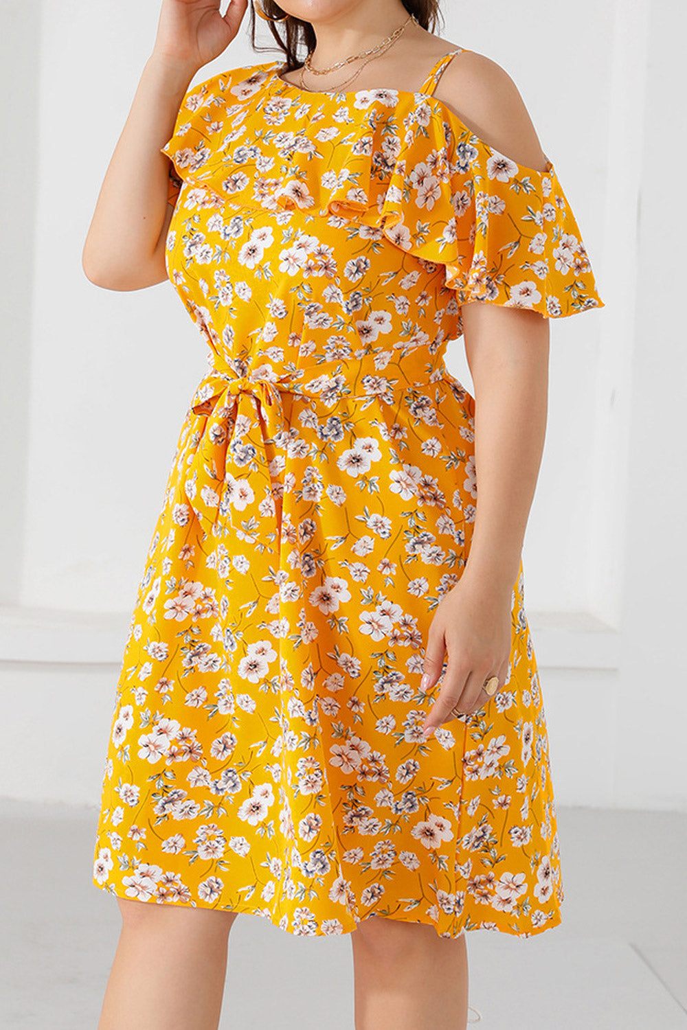 Women Plus Summer Fashion One Shoulder Ruffled Floral Mini Dress