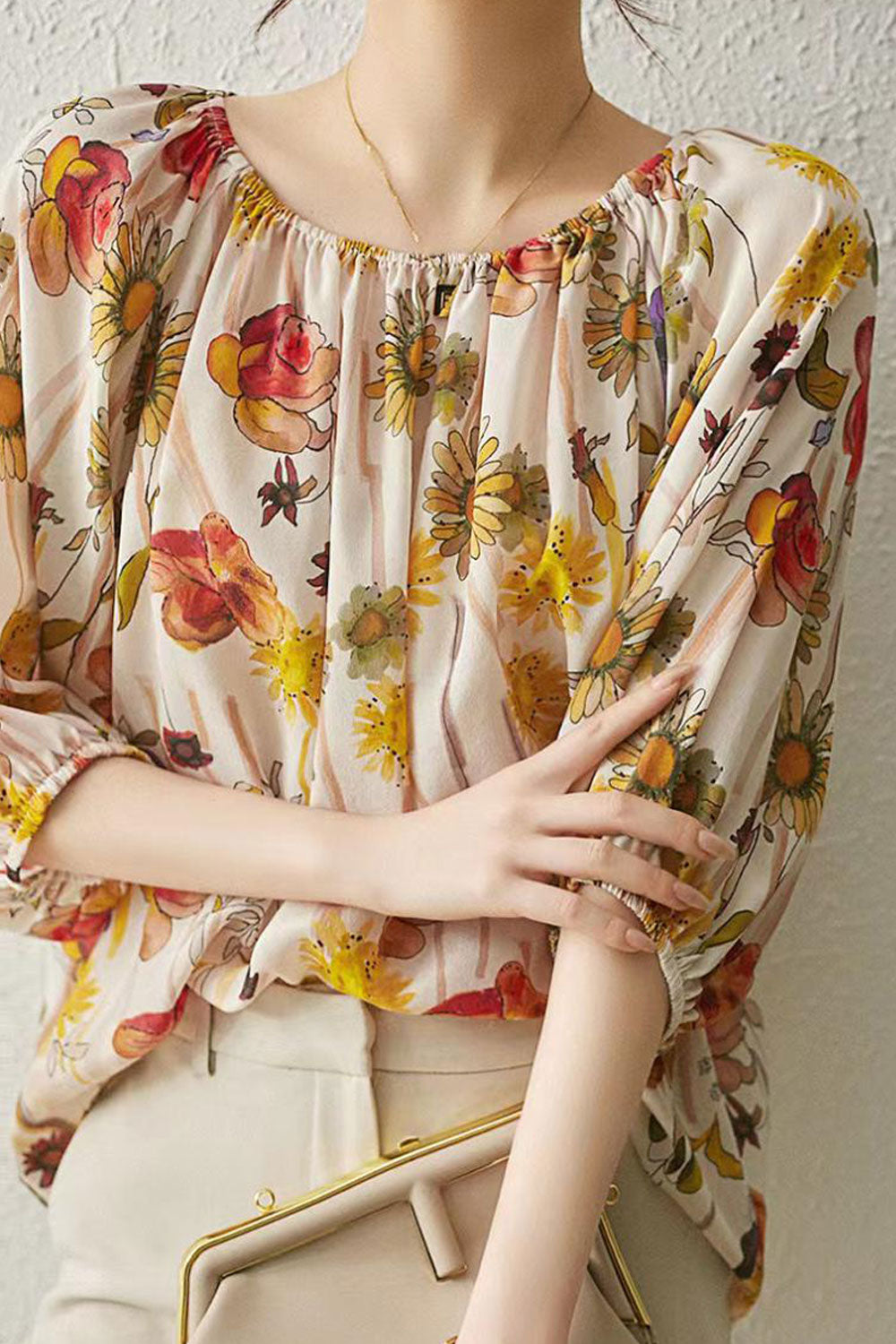 Women Beautiful Floral Printed Round Neck Silk Shirt & Blouse