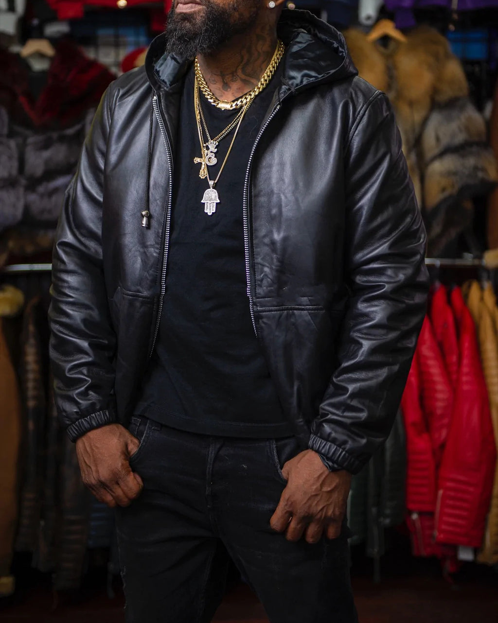Men’s Hooded Solid Color Zipper Leather Jacket