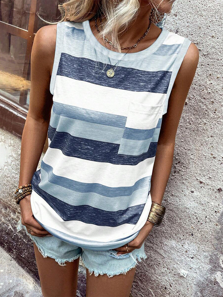 Women's Summer Striped Round Neck Sleeveless Vest Top – Comfortable Casual Everyday Wear