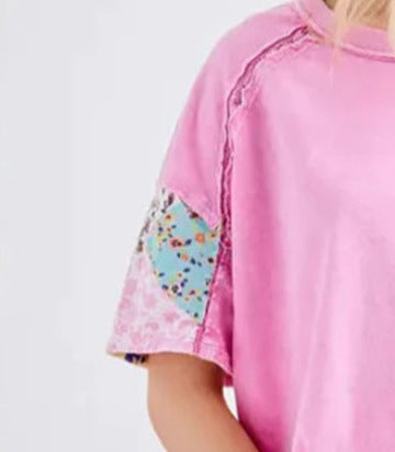 Summer Casual Round Neck Short-Sleeved Floral Patchwork T-Shirt Top for Women