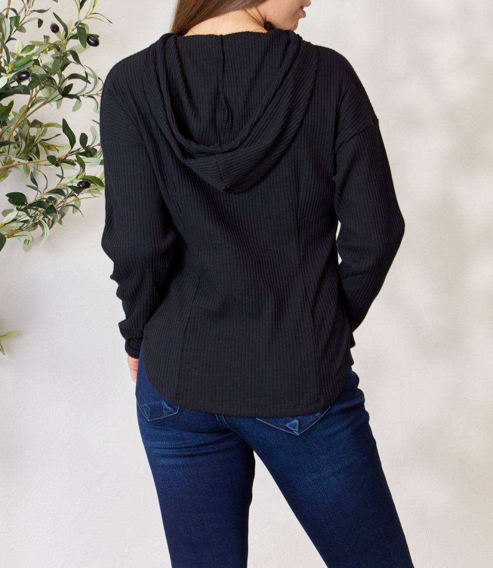 Culture Code Full Size Ribbed Zip Up Drawstring Hooded Jacket