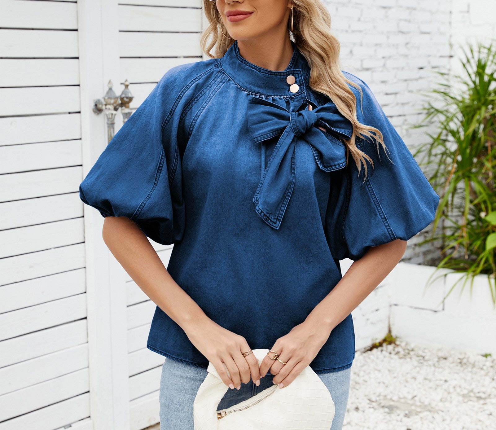 Spring New Women's Denim Shirt - Loose Fit, Tie Neckline, Bow Tie Top