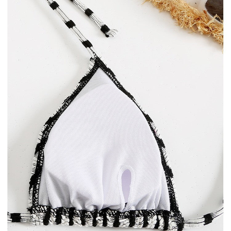 Striped Printed Drawstring Lace Neck Bikini Split Swimsuit
