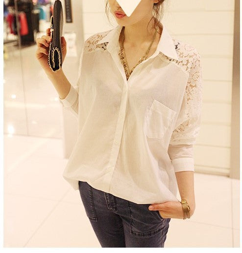 Spring & Autumn Women's Lace Stitching Chiffon Blouse – Loose Fit Batwing Sleeve Solid Color Shirt