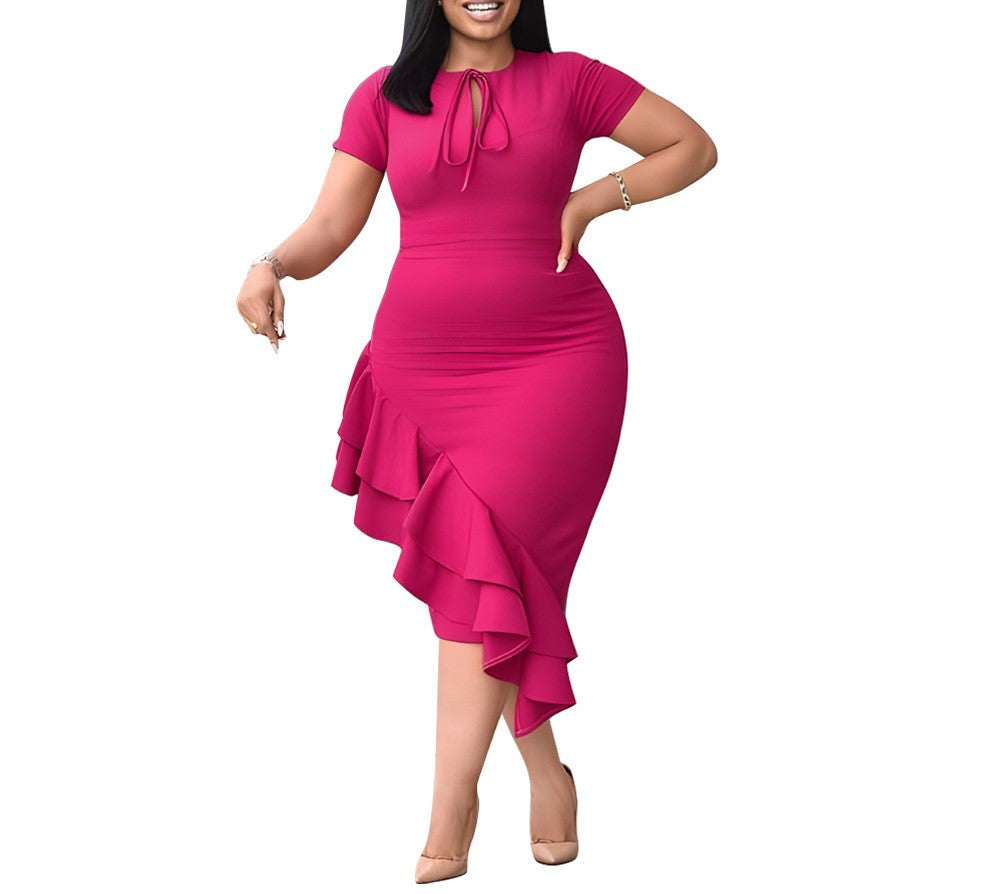Plus Size Women's Casual Tie-Up Ruffle Hem Dress – Elegant & Comfortable Everyday Style