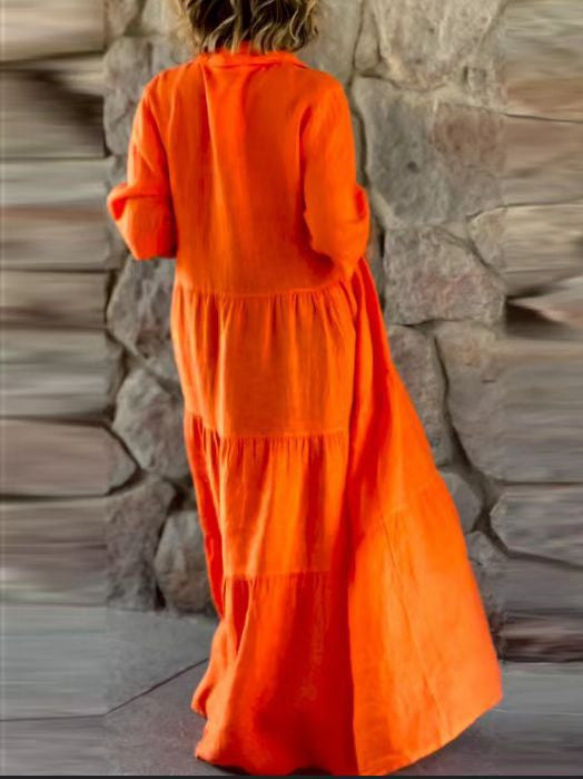 Women’s Solid Color Lapel Long Sleeve Button-Front Loose Fit Dress