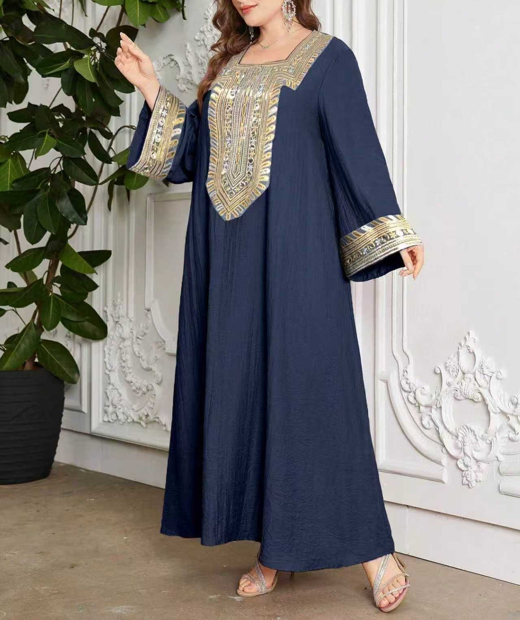 Plus Size Casual Ethnic Style Maxi Dress for Women with Gold Lace Collar, Bell Sleeves, Relaxed Fit, Long Elegant Dress