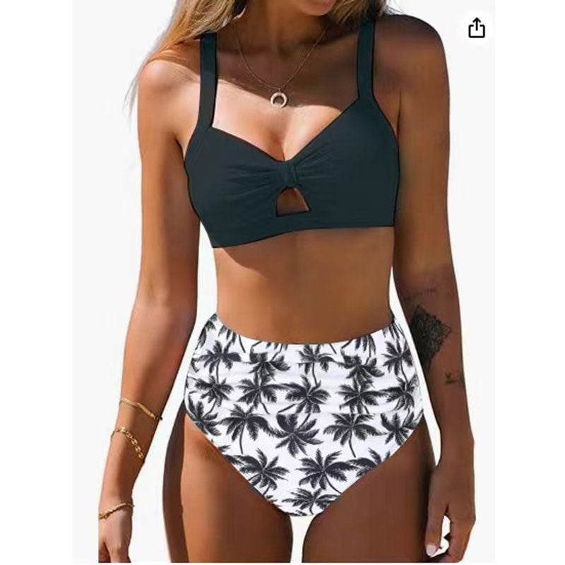 High-Waist Split Bikini Swimsuit - Digital Print Chest Design