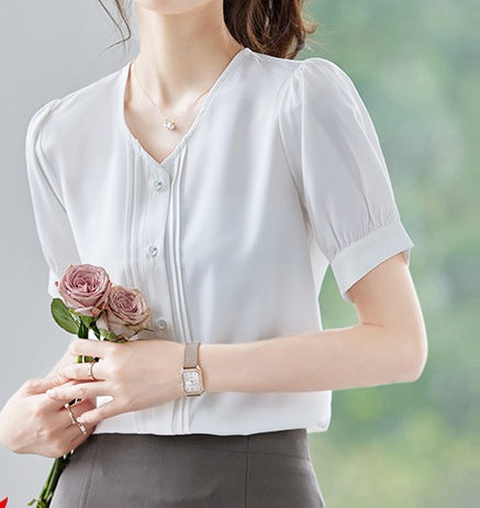 Women's Caramel Short-Sleeved V-Neck Shirt - Lightweight Summer Casual Top