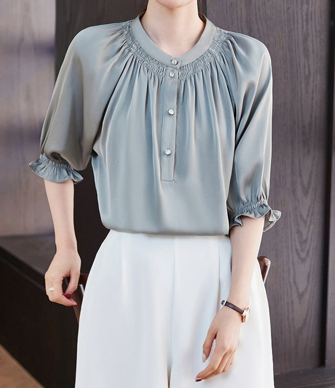 Women's Chiffon Shirt - Summer New Elegant Loose Casual Half Sleeve Round Neck Top