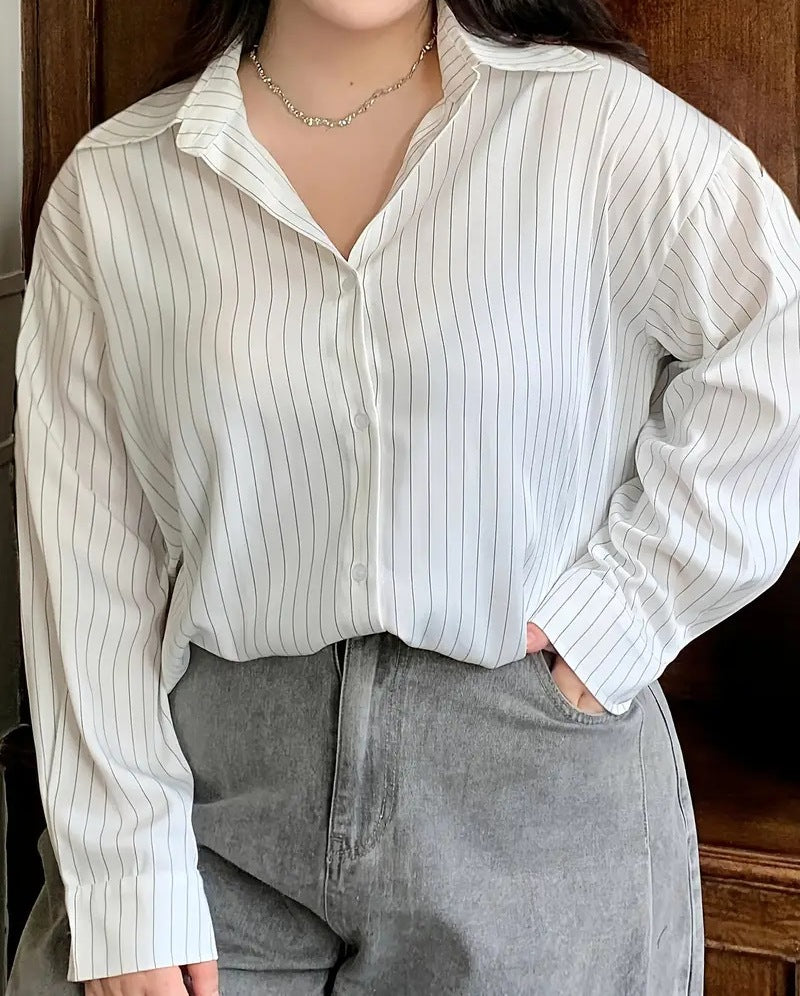 Women's Plus Size Long Sleeve Loose Fit Button-Up Shirt – Casual Everyday Comfort Top