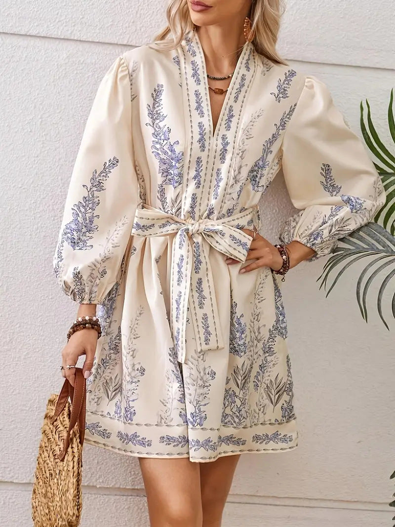 Women's Printed V-Neck Long Sleeve Waist-Defined Short Dress Casual Fashion Mini Dress