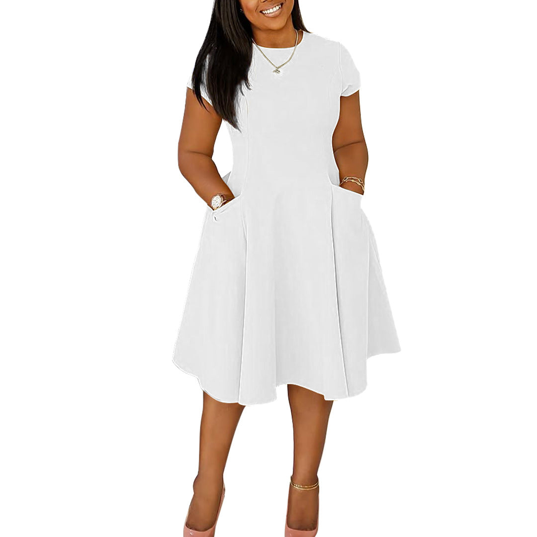 Women's Spring & Summer Casual Slim A-Line Midi Dress with Pockets – Round Neck