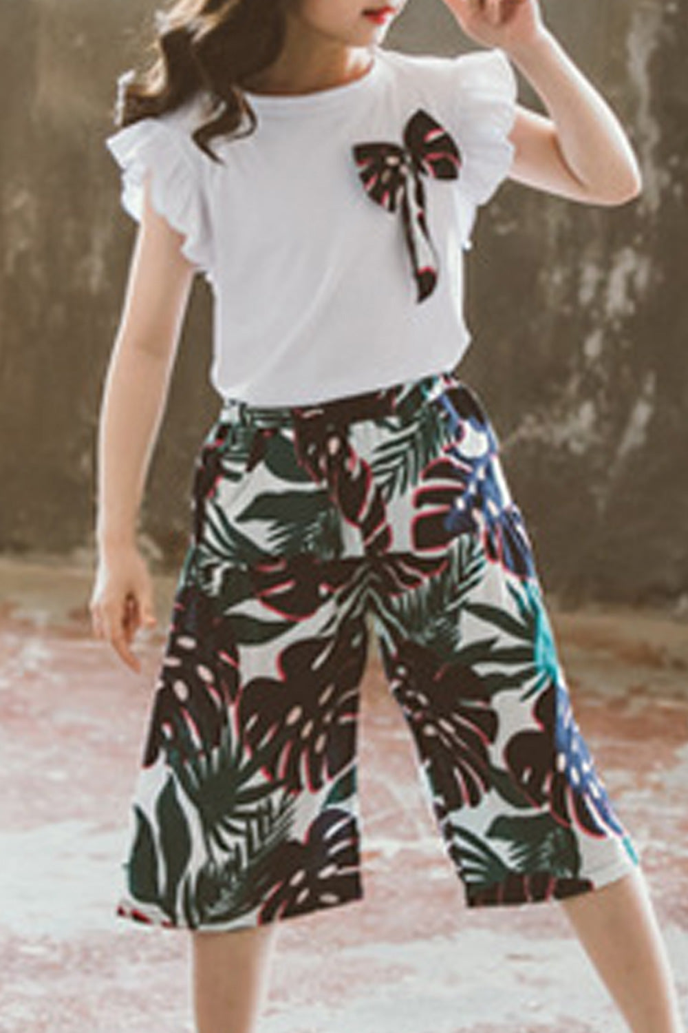 Kids Girls Amazing Leaf Printed Easy Round Neck Thin Lightweight Outfit Set