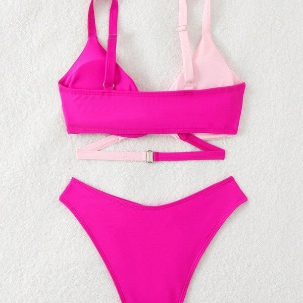New Color-Block Double Shoulder Strap Deep V-Neck Split Bikini Swimsuit