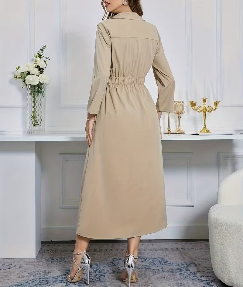 Women's Elegant Long Lapel Solid Color Waist Tie Long Sleeve Maxi Dress