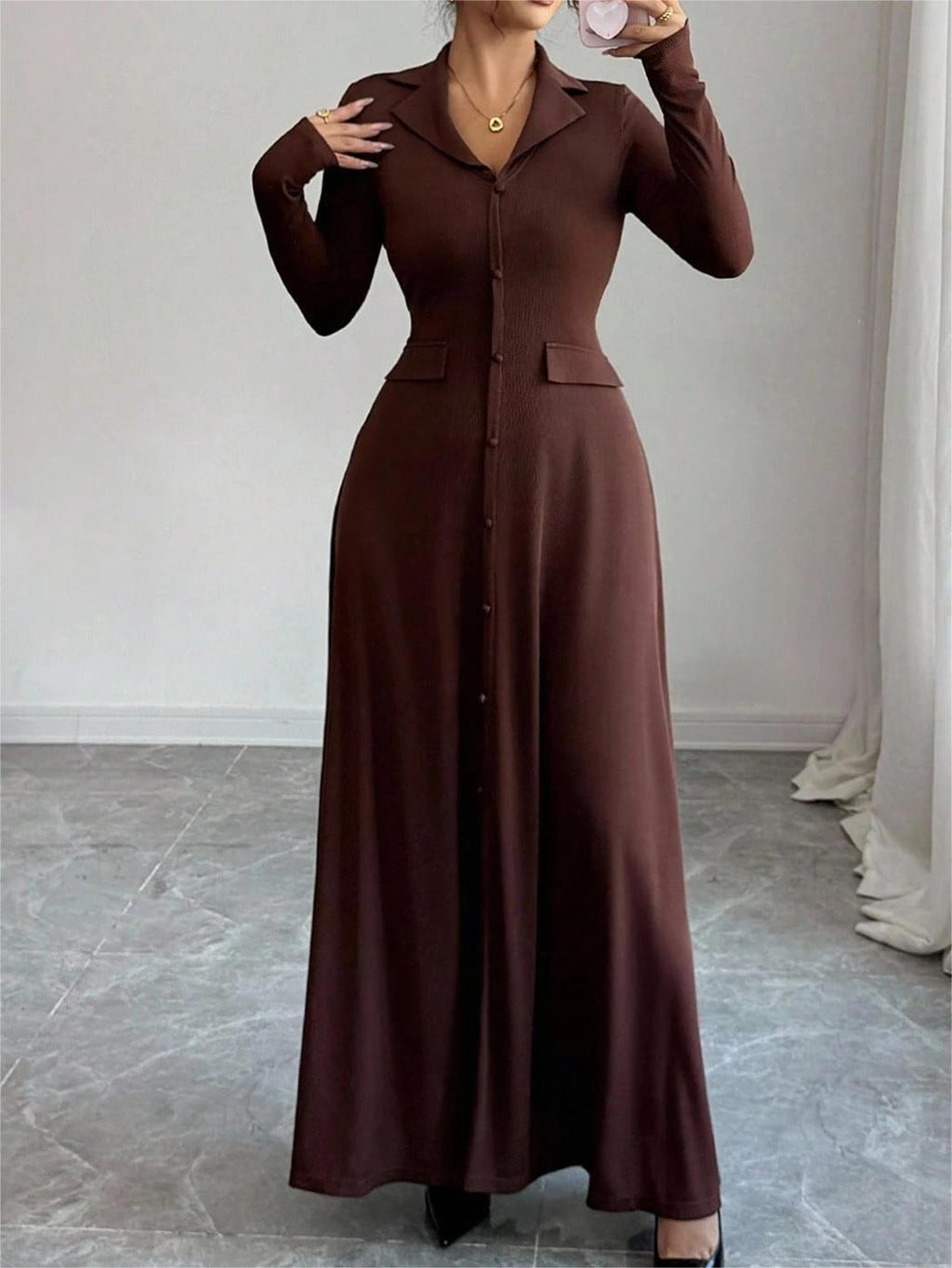 Women's Solid Color Lapel Button Front Slim Fit Shirt Dress for Office, Casual, and Everyday Wear