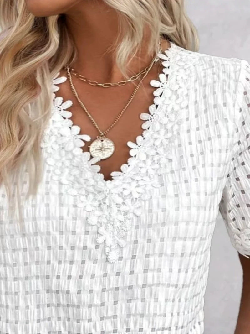 Women's Solid Color Jacquard V-Neck Puff Sleeve Casual Top – Comfortable Short Sleeve Everyday Blouse