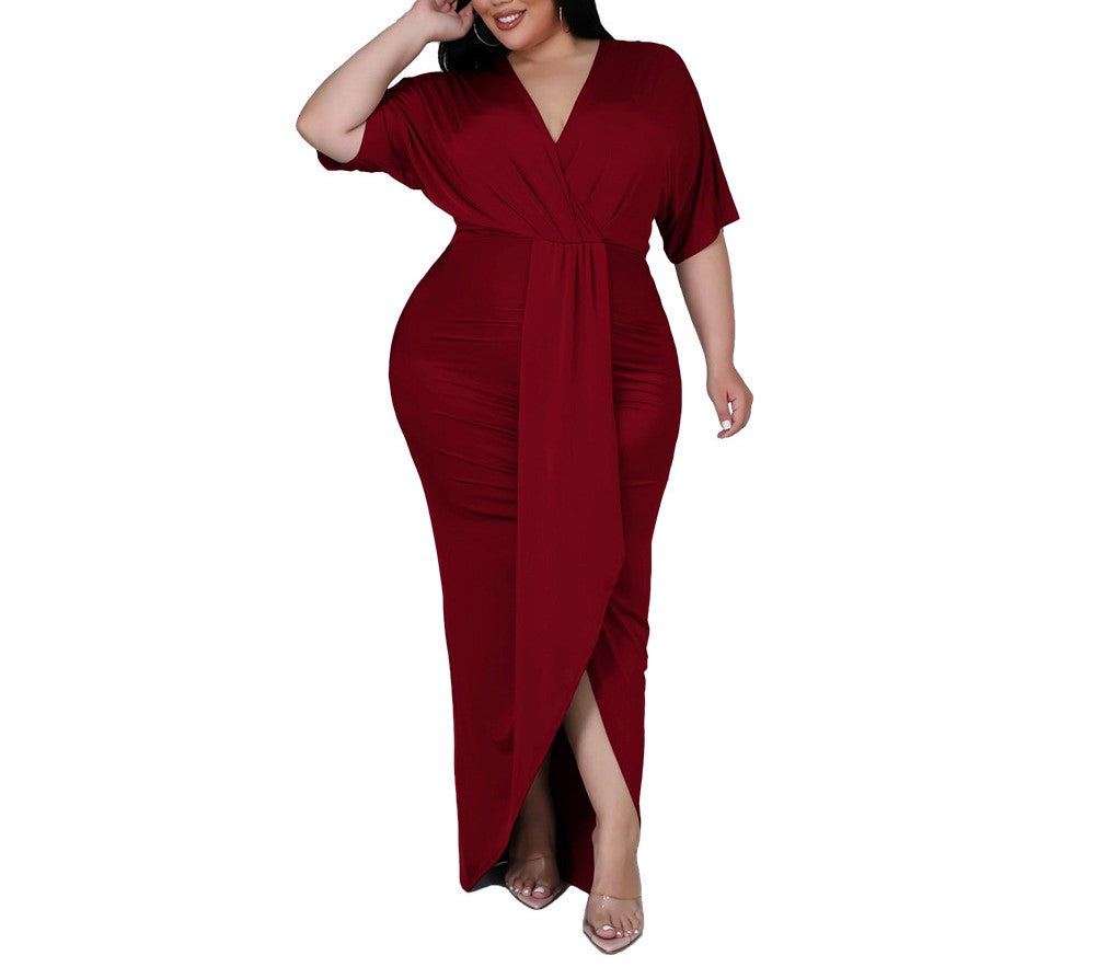 Plus Size Women's Irregular V-Neck Long Sleeve Club Dress – Sexy Nightclub Party Wear