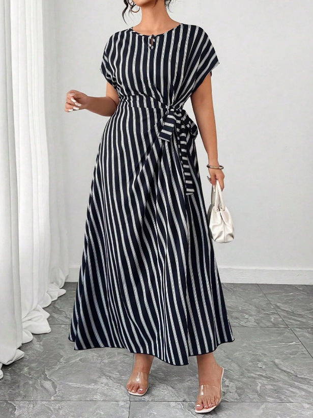Women's Plus Size Striped Round Neck Tie-Waist Loose Fit Dress