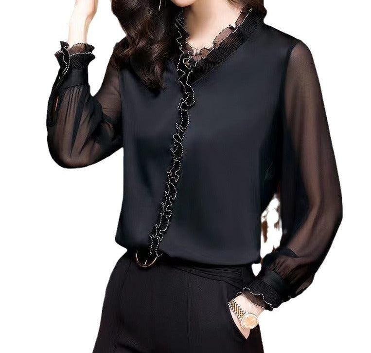 Women's Chiffon Long-Sleeved Early Autumn White Shirt Top