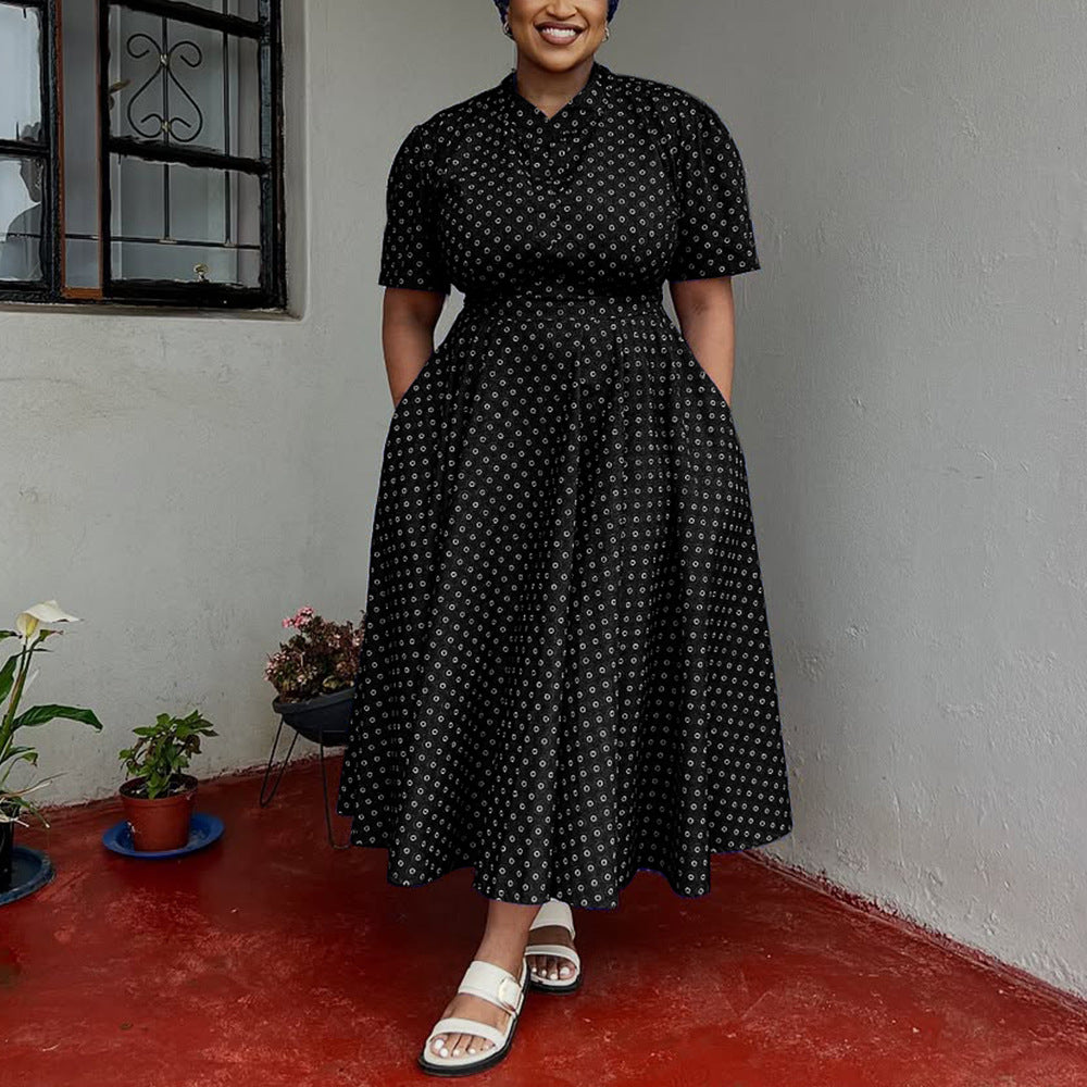 2025 Summer Women's Bohemian Polka Dot Maxi Dress – Plus Size Short Sleeve V-Neck Long Skirt