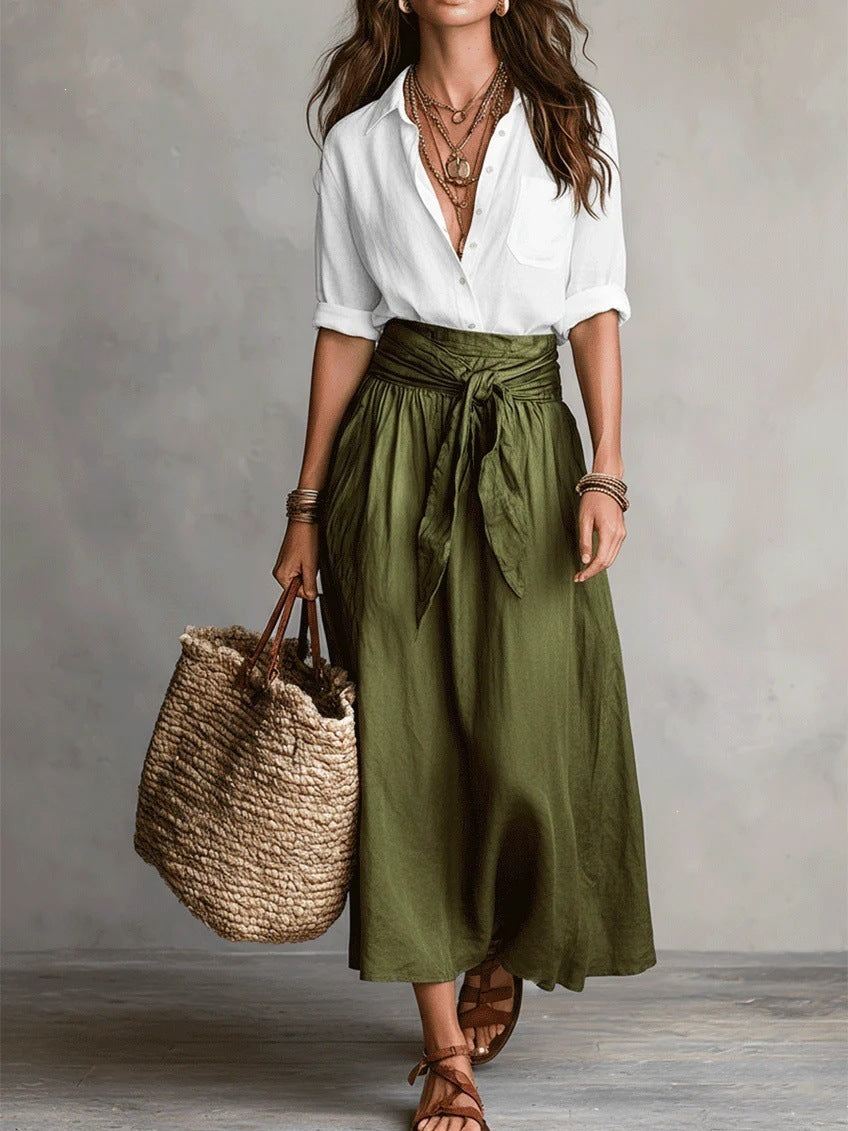 Long Sleeve Shirt & Color Block Tie-Waist Midi Skirt 2-Piece Set for Women