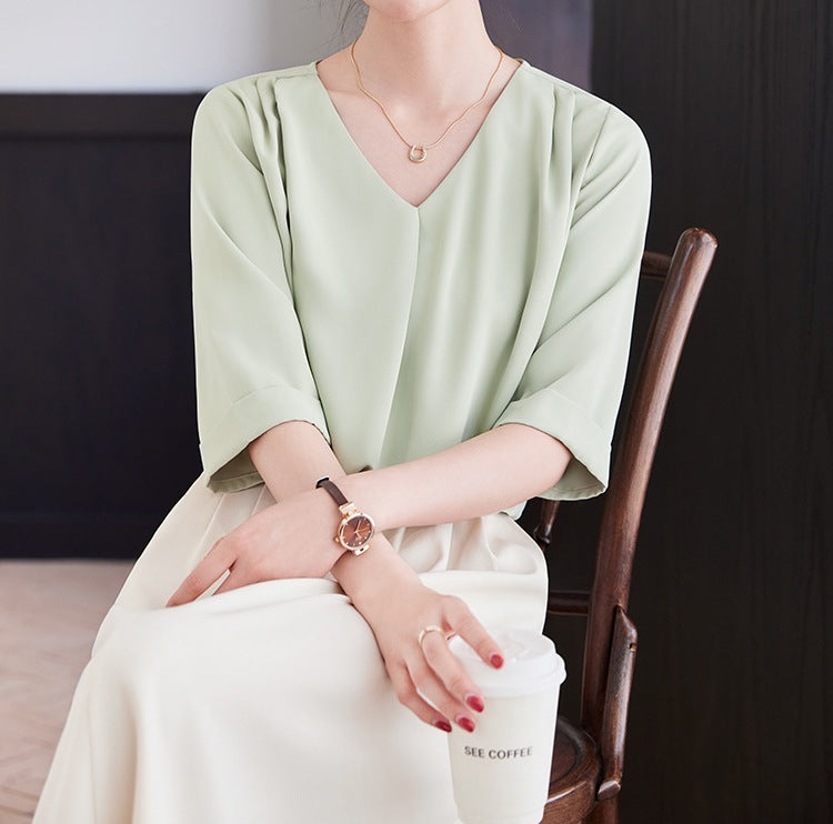 Women's V-Neck Half Sleeve Shirt - Summer Lightweight Loose Fit Casual Elegant Top