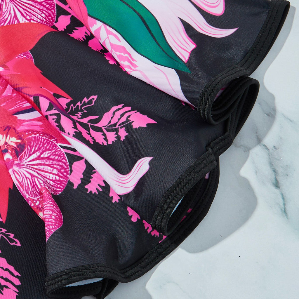Digital Printing Shoulder Ruffled High Waist Bikini Swimsuit for Women